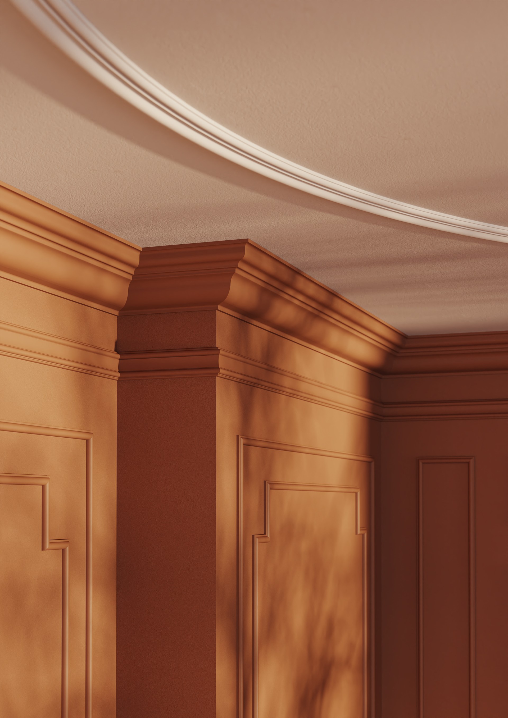 Decorative cornices defining the room perimeter and enhancing architectural ceiling structure.