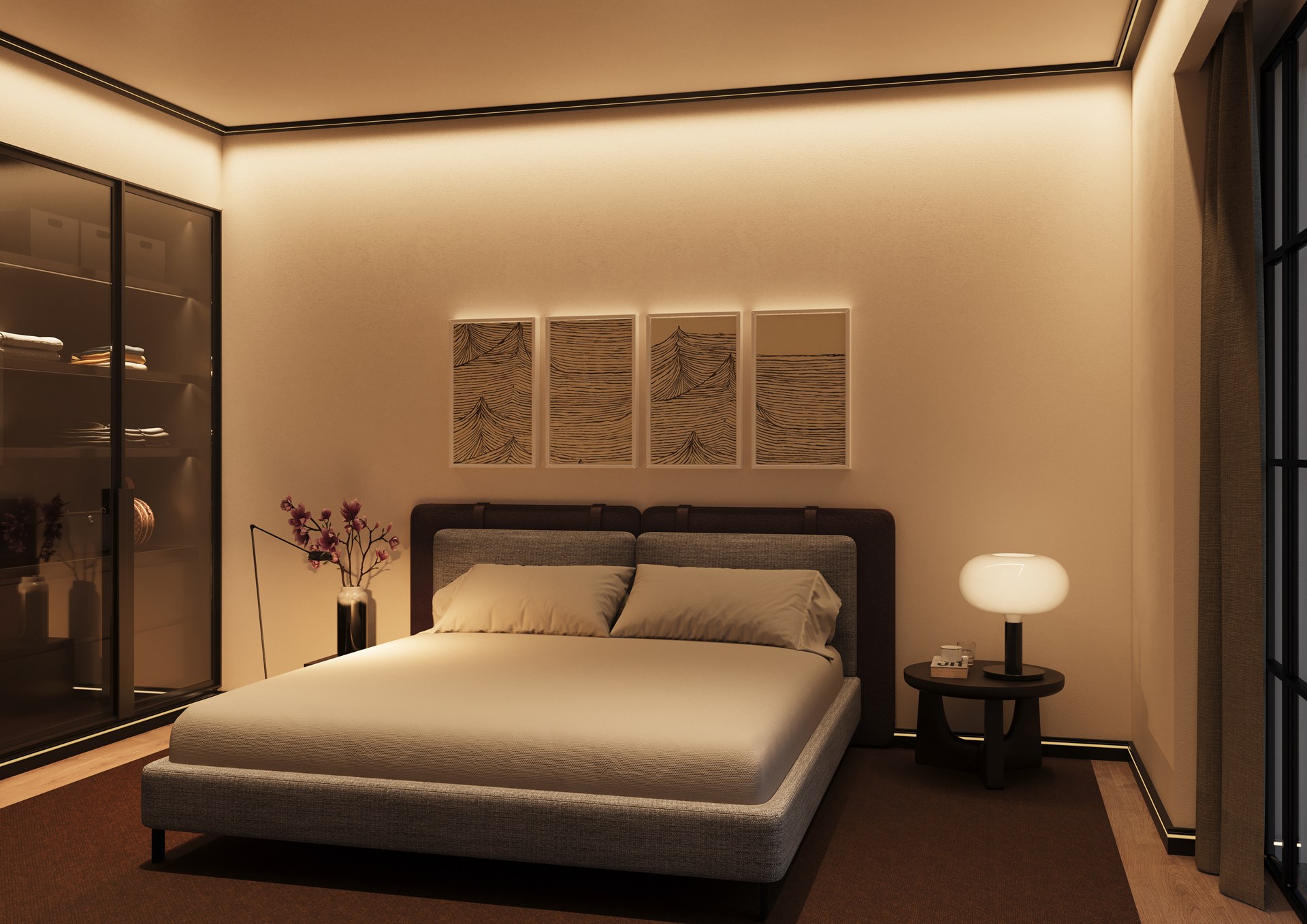 Integrated lighting profiles outlining the ceiling perimeter, creating soft, indirect ambient light.