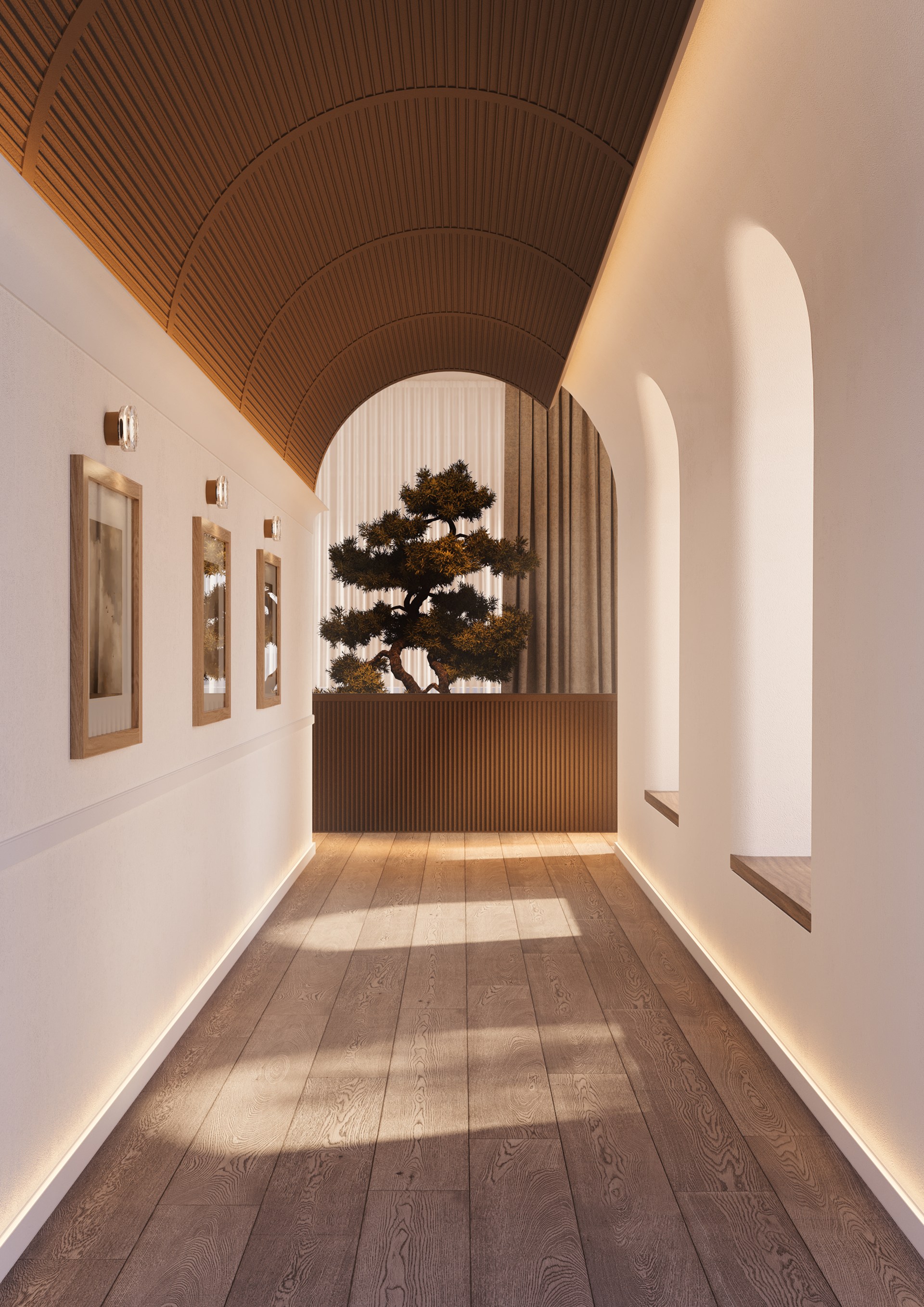 Linear wall panels applied to the ceiling, forming a curved ceiling surface with strong architectural rhythm.