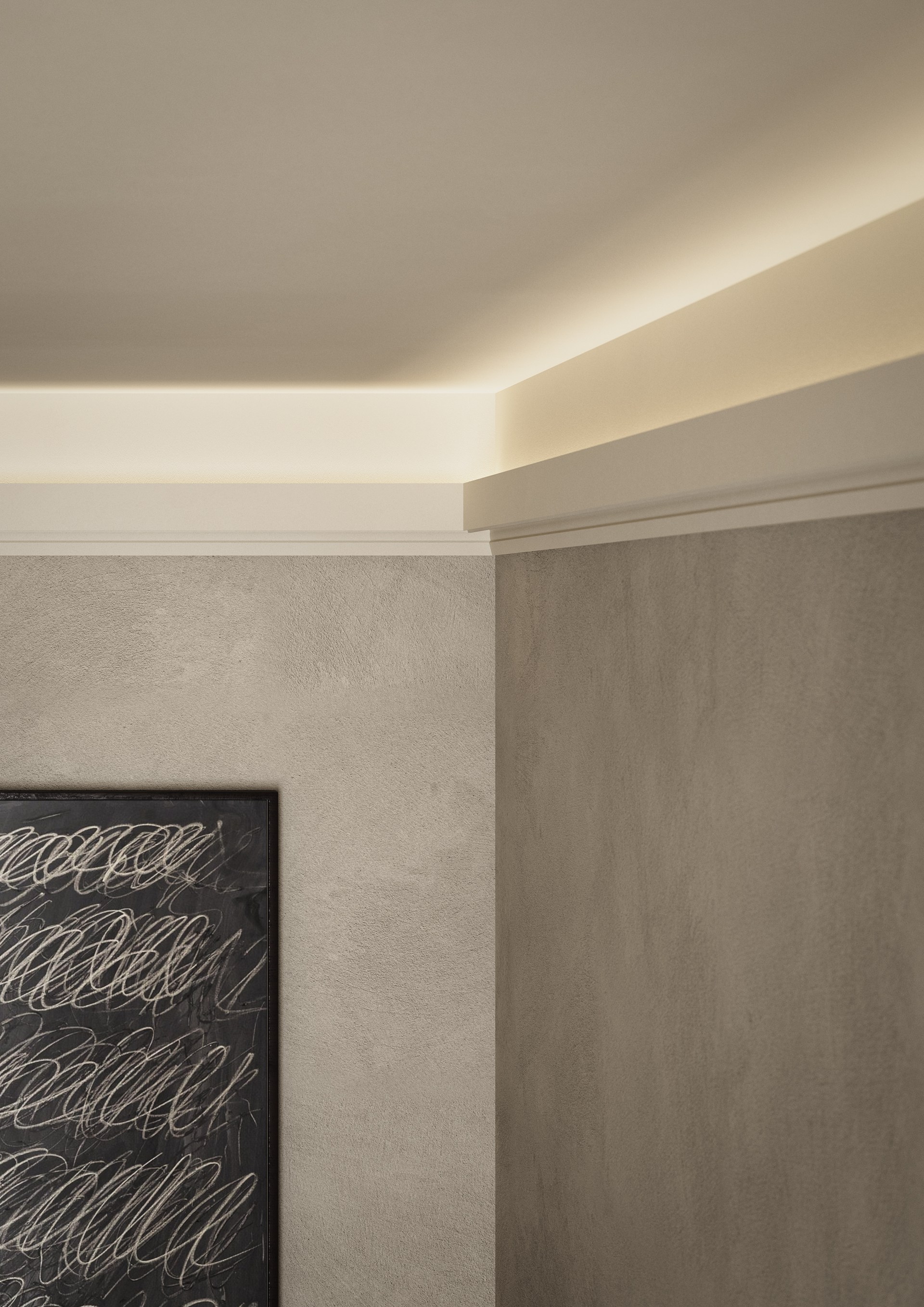 Integrated ceiling lighting profile creating soft, indirect illumination along the ceiling edge.